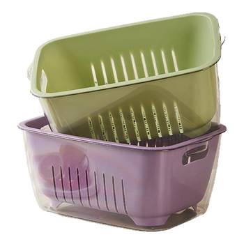 Kitchen double-layer drain basket wash fruits and dishes household washing basin filter water blue fruit tray plastic basket storage