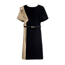 Nanyouqiangwei commuting waist dress summer high-end mid-length splicing satin design perceptual temperament for women