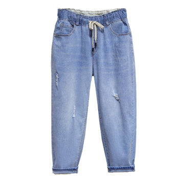 Jeans ripped ຂະຫນາດໃຫຍ່ຂອງແມ່ຍິງ stretch summer ບາງໄຂມັນ mm ເກົ້າຈຸດ pants hip ຂາຫນາ pants 200 ປອນ harem pants