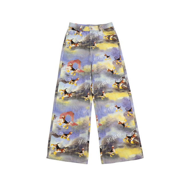 Yo Ku Ku (Pupppy Adventures) American Retro Graffiti Print Versatile Casual Straight Twill Jeans for Women