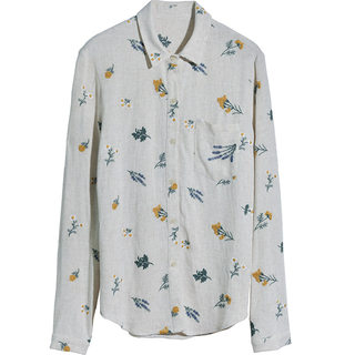 GESGOO秋季亚麻上衣女长袖衬衫别致复古绣花衬衣2024新款小众