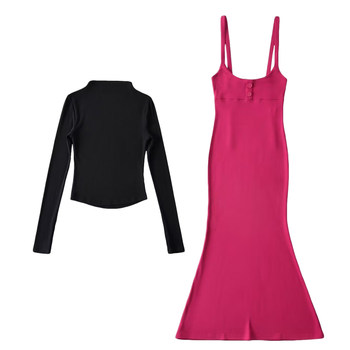 Sexy long-sleeved t-shirt hip-hugging suspender dress suit