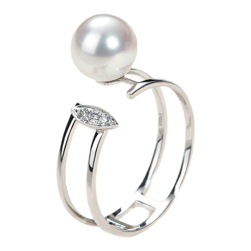 Akoya Pearl 18K Gold Three Diamond Open Ring