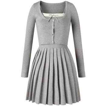 Lecho ballet style pleated dress two-piece set early autumn knitted neck halter dress lace-up jacket