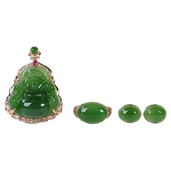 Original design emerald gold inlaid jade necklace ring earrings