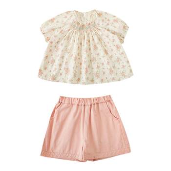 Youyou girls small neckline doll shirt 2024 summer new loose shorts elastic cuffs baby floral short sleeves
