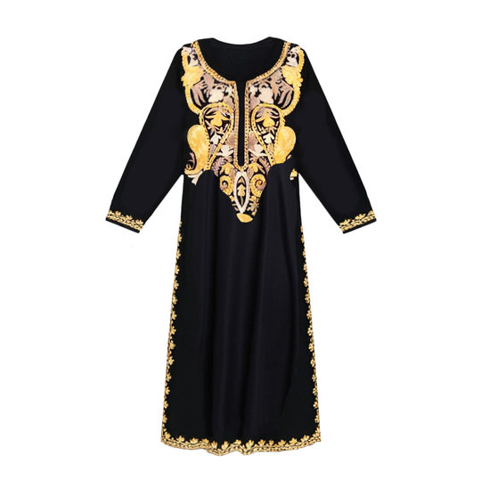 印度传统民族风服饰服装女绵绸刺绣春夏圆领黑亲肤中长款垂感上衣