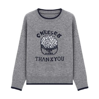 Basic House/百家好美式复古风字母刺绣毛衣撞色圆领套头宽松上衣