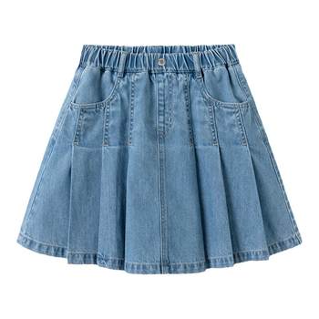 Balabala ເດັກຍິງ denim skirt ເດັກນ້ອຍ pleated skirt 2024 summer ແບບໃຫມ່ຂອງເດັກນ້ອຍຂະຫນາດກາງແລະຂະຫນາດໃຫຍ່ skirt ເຕັມຝ້າຍ trendy