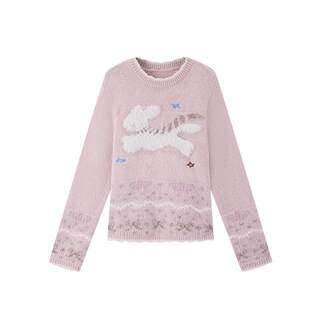 ablueberry粉色萌宠毛衣女秋冬新款宽松圆领套头毛衫韩系甜美上衣