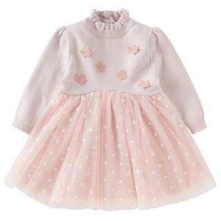 戴维贝拉儿童毛衣连衣裙2025秋冬女童宝宝花朵半高领加绒网纱裙子