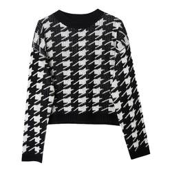 C+IMPRESS Signia Worsted Wool Houndstooth Knitted Sweater Women's Loose Lazy Pullover Round Neck Loose Sweater