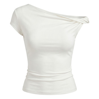Pure lust style one-shoulder short-sleeved t-shirt for women summer new hot girl slope collar sexy thin pullover niche top cotton