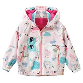 秋冬新款欧美女童外套连帽风衣加绒保暖儿童防风卡通拉链双层外套