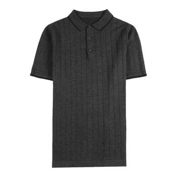 Summer Korean style slim men's solid color thin knitted short-sleeved polo shirt fashionable dark striped breathable lapel T-shirt