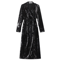 self-portrait 2023 autumn and winter classic black sequin temperament lapel waist long-sleeved coat