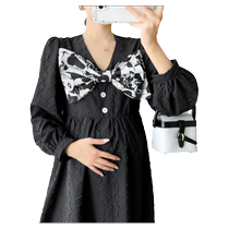 Maternity wear autumn 2024 new fashion contrasting color bow V-neck loose small age-reducing plus size dress