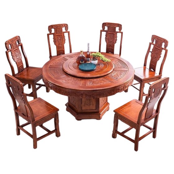 
Fully solid wood dining table and chair combination round shape with turntable Chinese antique carved large round table household oak dining table