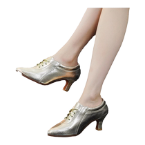 Dance shoes for women genuine leather soft sole autumn and winter ballroom dance Latin modern Uighur heels golden Xinjiang dance shoes