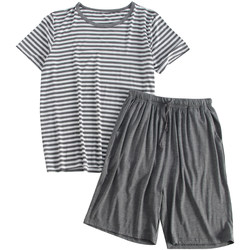 Modal pajamas ຜູ້ຊາຍ summer ບາງໆຄໍ round pullover striped ສັ້ນແຂນສັ້ນຊຸດເຄື່ອງນຸ່ງຫົ່ມບ້ານວ່າງສາມາດໃສ່ນອກ