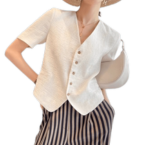 White short-sleeved suit jacket for women 2024 new autumn soufflé light French style short top