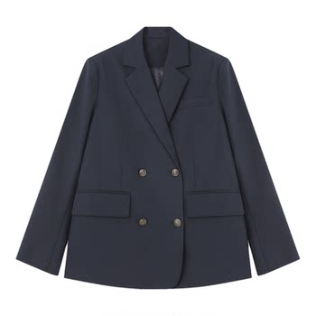 Basic house/baijiahao navy blue double-breasted suit women's spring new kochi college style jacket