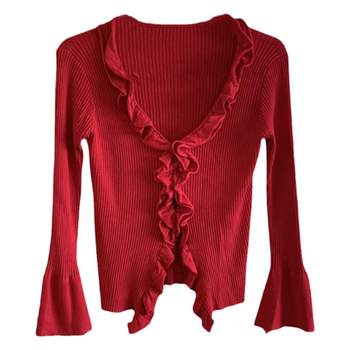 Nanjun's homemade retro style Hong Kong fashionable ruffled v-neck trumpet sleeve sweater knitted long-sleeve red cardigan