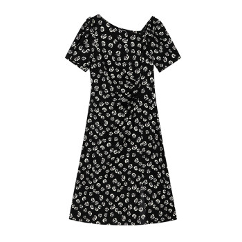 Floral puff sleeve tea dress mofan summer new ສີດຳ pattern ແອວສູງ slim dress