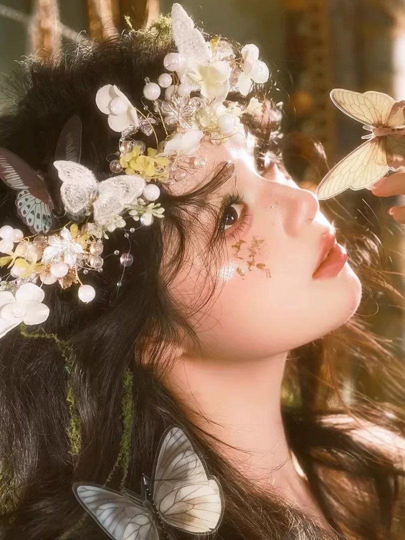 Super sweet butterfly fairy headband, handmade flower wreath headdress, forest style crown, Hanfu ancient costume hair accessory, princess head flower