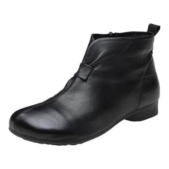 Mom's shoes cowhide short boots women's flat low-heeled autumn and winter velvet boots ຫນັງແທ້ retro soft-soled ເກີບຝ້າຍສໍາລັບແມ່ຍິງໄວກາງຄົນ