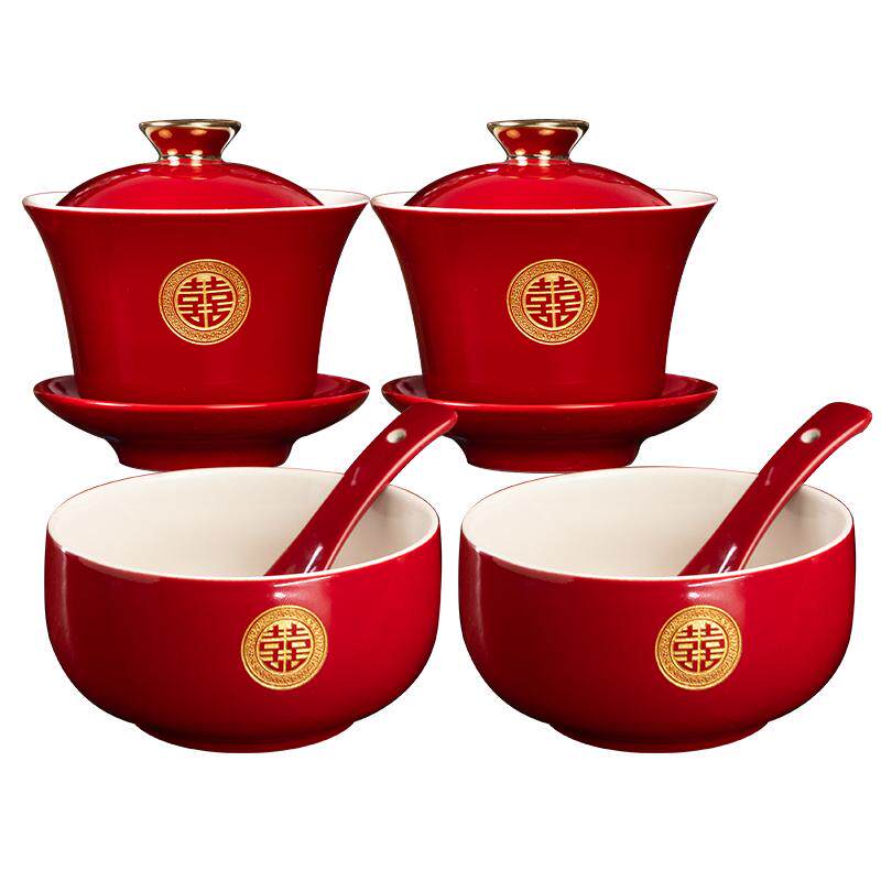 Wedding tea cups and bowls and chopsticks set