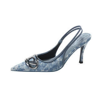 小众复古金属扣牛仔布高跟鞋尖头后空绊带包头凉鞋女细跟时装走秀