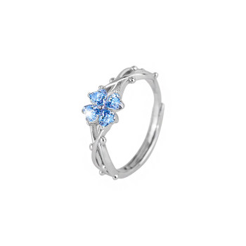 Blue crystal four leaf clover 999 sterling silver ring