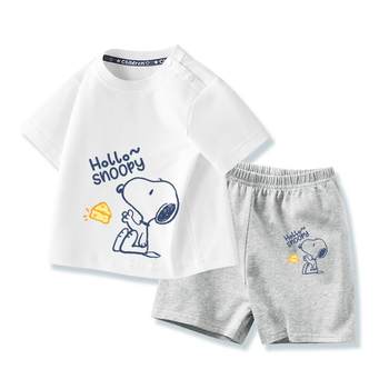 Snoopy boys summer suit 2024 summer ໃຫມ່ເດັກນ້ອຍຫນຶ່ງປີຝ້າຍບໍລິສຸດເດັກນ້ອຍຂະຫນາດນ້ອຍແລະຂະຫນາດກາງເດັກນ້ອຍແຂນສັ້ນ trendy