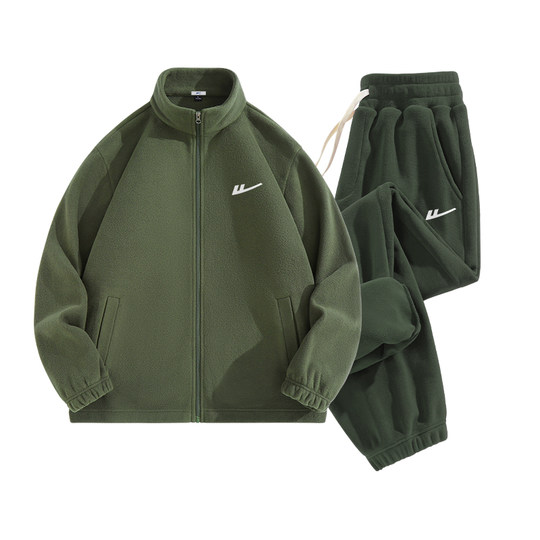 回力保暖摇粒绒运动男套装秋冬季束脚加绒卫裤绿色立领夹克休闲裤
