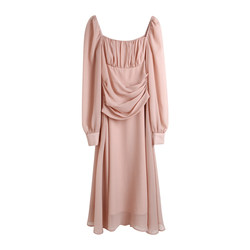yssier Yisi Gentle French Square Neck Pink High Waist Long Sleeve Dress 2023 Spring and Autumn New Long Dress