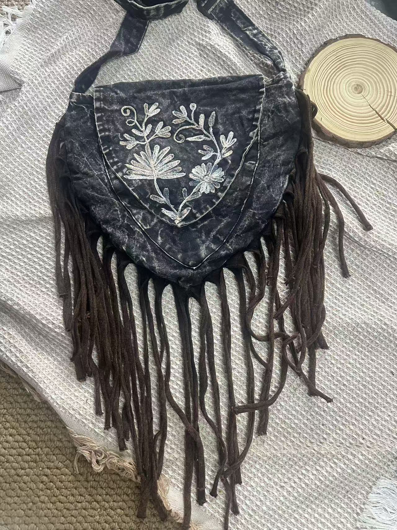 Nepalese handmade embroidered bag, shoulder bag, crossbody bag, tassel bag, triangle bag, includes card holder