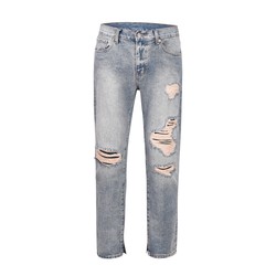 High street trousers cut to destroy knee holes trendy brand street trendy washed and distressed men's slim fit jeans