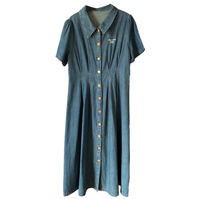 Large size pear-shaped belly-covering slimming short-sleeved denim dress