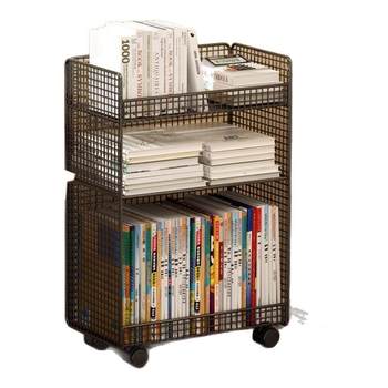 Small bookshelf and cart floor storage rack next to the desk
