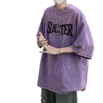 American retro washed short-sleeved T-shirt mens summer 2024 new heavyweight handsome printed loose half-sleeved bottoming shirt