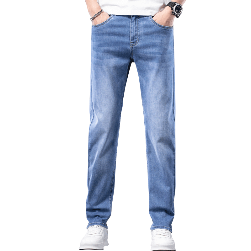 
Romon ice silk jeans for men slim straight 2025 new elastic casual long pants for men summer thin