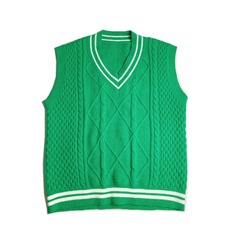 ເສື້ອຢືດຄໍ V ສີຂຽວສໍາລັບລະດູໃບໄມ້ປົ່ງແລະດູໃບໄມ້ລົ່ນຂອງແມ່ຍິງການອອກແບບວ່າງ niche vest knitted ins fashion versatility ແນວໂນ້ມວິທະຍາໄລ
