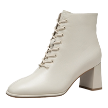 Qianbaidu Womens Shoes Fashion Boots Light Luxury Stone Pattern Sheepskin Boots Genuine Leather High Heel Boots Thick Heel Western Style Small Short Boots