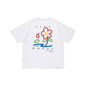 HOlife summer Japanese flower couple versatile floral print cotton neck round short-sleeved T-shirt for men and women