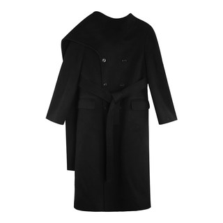 pusumede 围脖一体 100%羊毛双面呢大衣黑色收腰设计感毛呢外套女