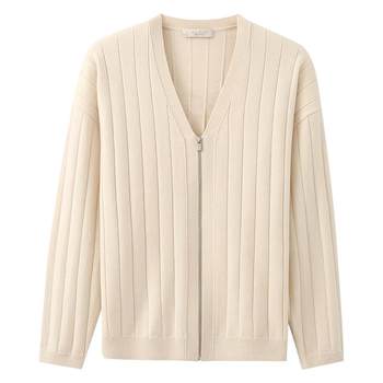 KUYIOU/Vertical stripe texture wool blended v-neck zipper loose soft knitted jacket cardigan for men Z01