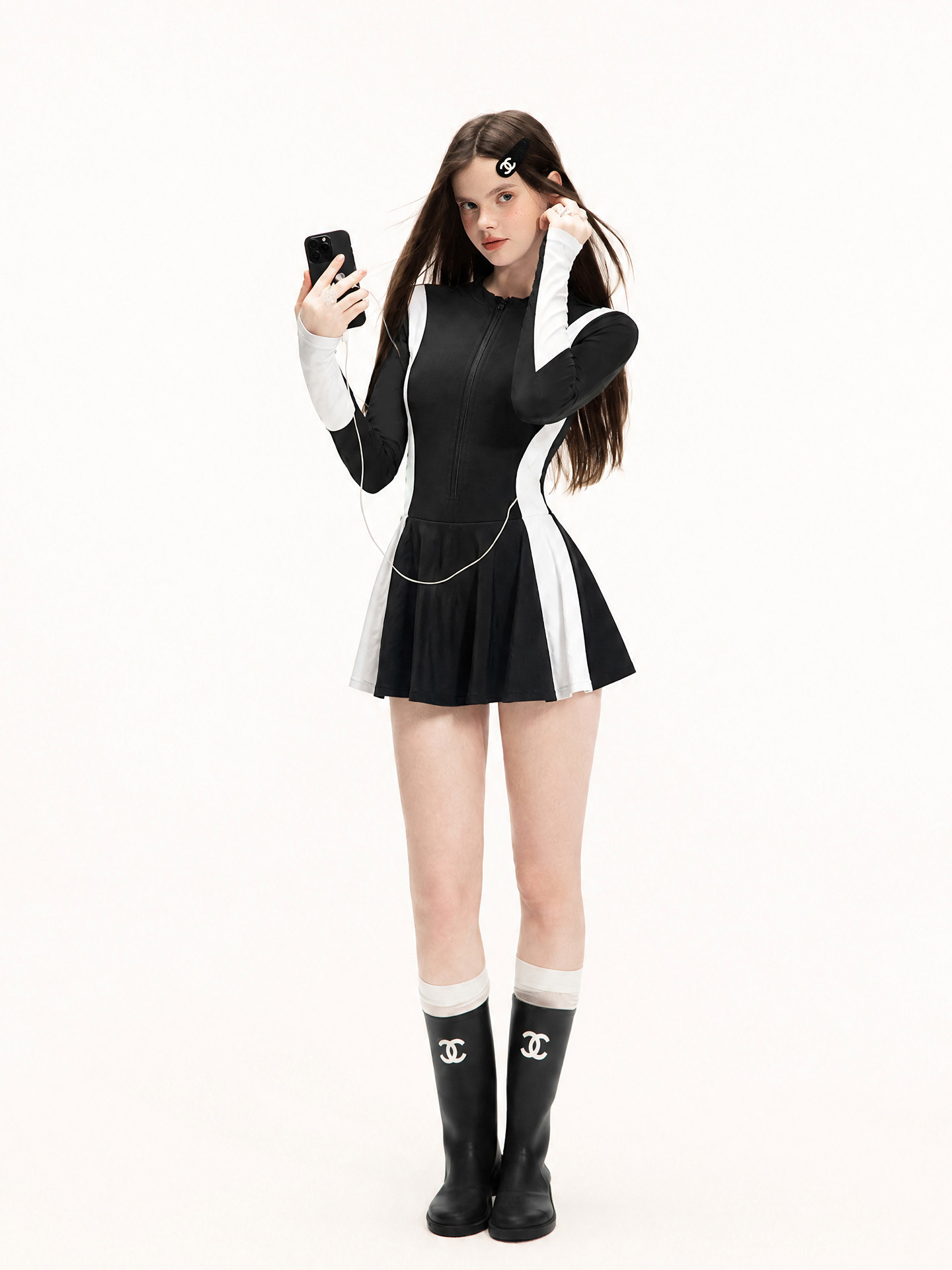Masked Cat High-End Swimsuit for Women, Hot Spring Wear, One-Piece, Conservative Black, Slimming, Sun Protection, Long Sleeve, Adult, Beachwear