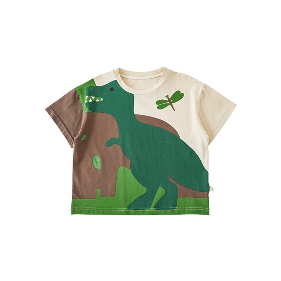 
Youyou boy dinosaur print contrasting color lightweight half-sleeved T-shirt for summer children's thin casual short-sleeved handsome top