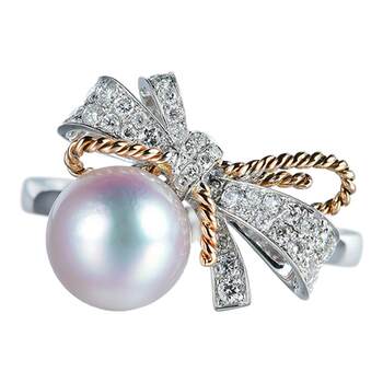 Akoya pearl women's ring ring japanese seawater natural goddess pearl 18k white gold diamond bow